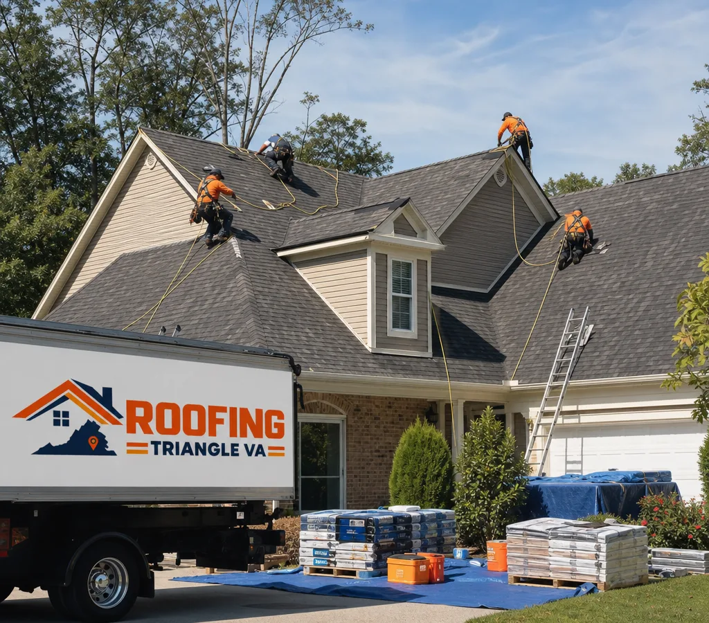 Roofing crew installing asphalt shingles with fall protection at a Triangle, Virginia home