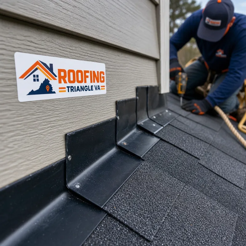 Close-up of properly overlapped step flashing woven with asphalt shingles along a sidewall