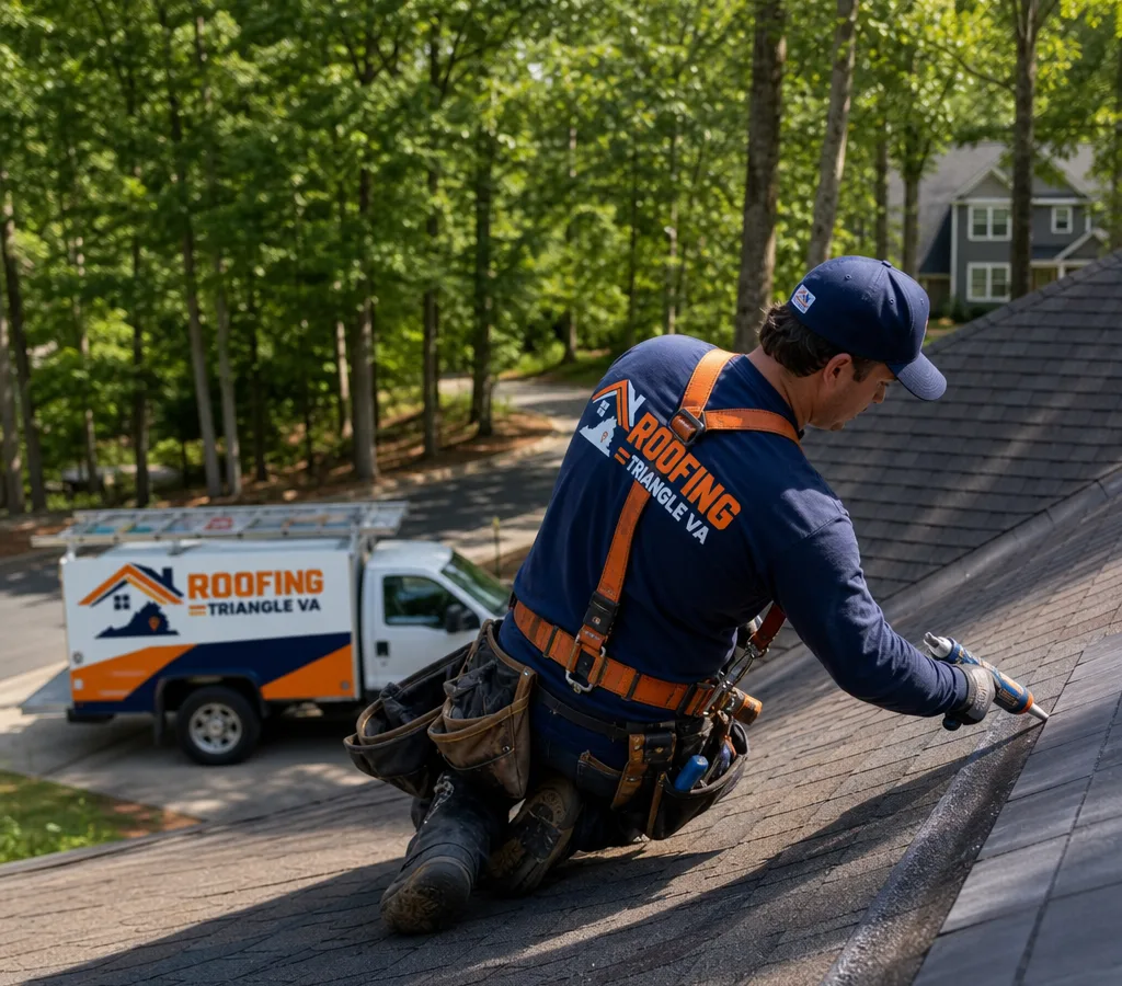 Technician making a targeted shingle-transition repair on a wooded Northern Virginia home while wearing a safety harness