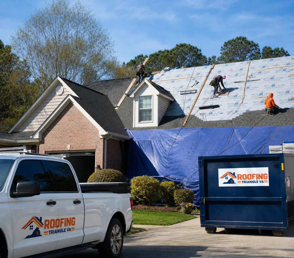 Roofing crew replacing shingles with landscaping protected and underlayment and drip edge visible