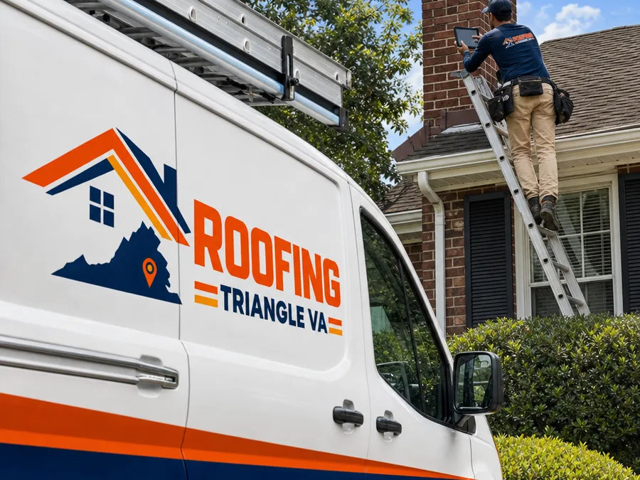 Roofing technician inspecting chimney flashing and documenting findings on a tablet