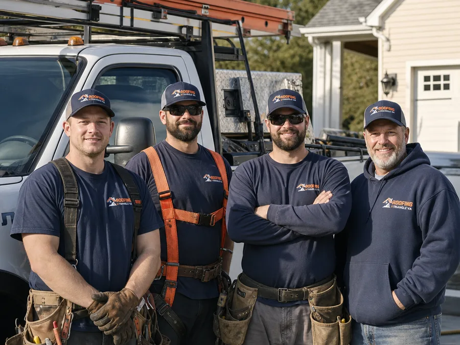 Roofing Triangle VA crew with safety gear and ladders at a residential jobsite